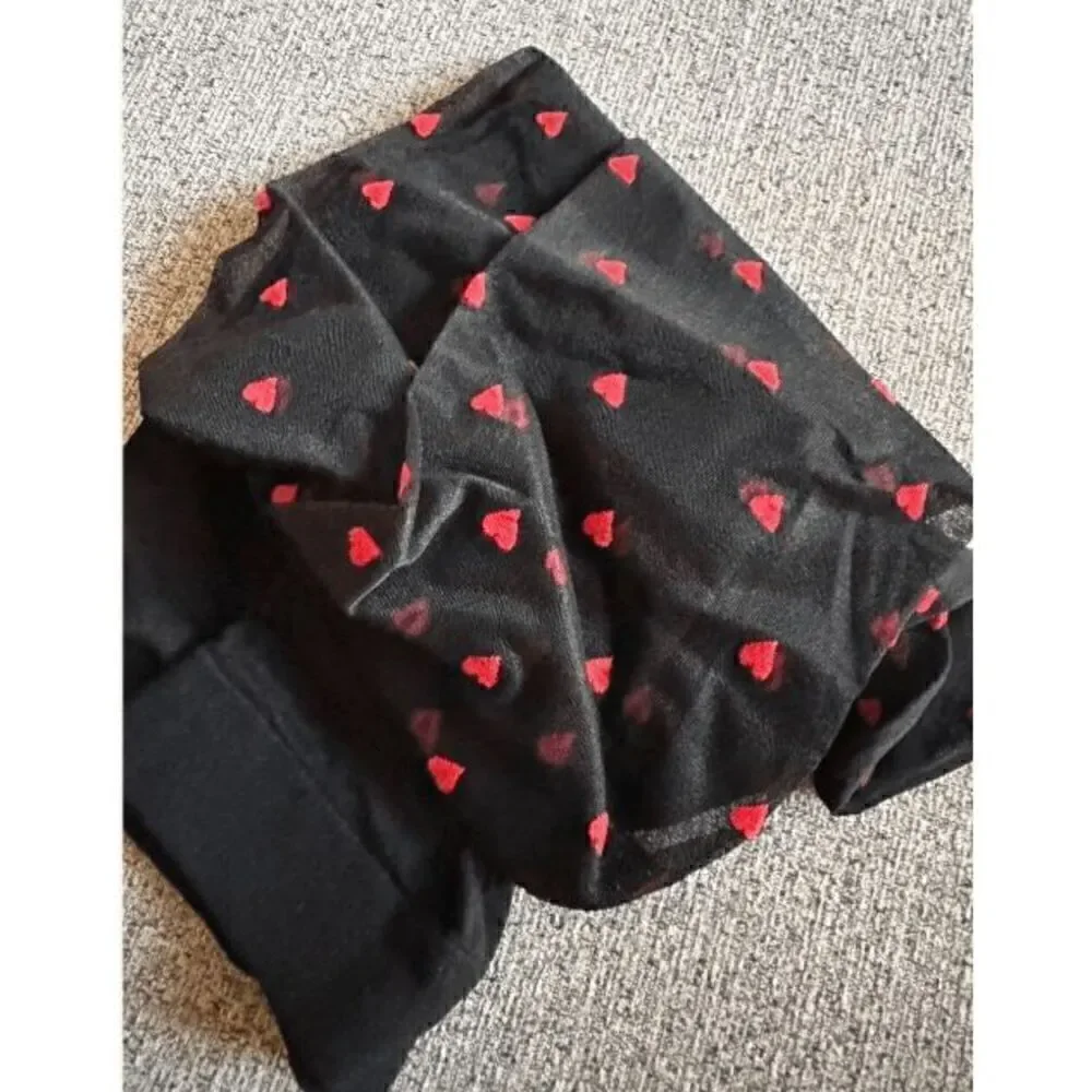 ❤ Love Heart Print Black Sheer Nylon Pantyhose Stocking Tights SIZE L-XXL NEW
